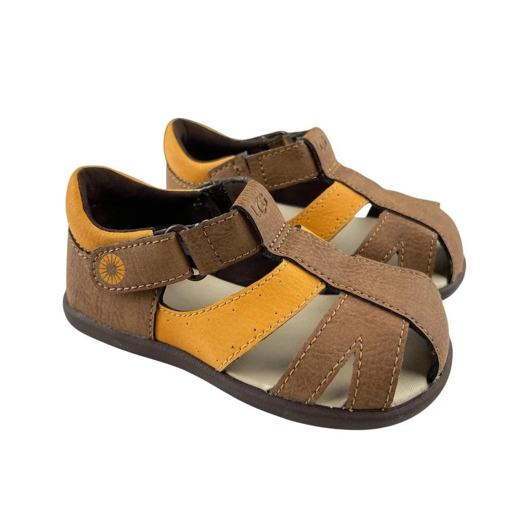 UGG Kylo Fisherman Sandals Toddler Size 6 Brown Yellow Hook Loop 1132722T